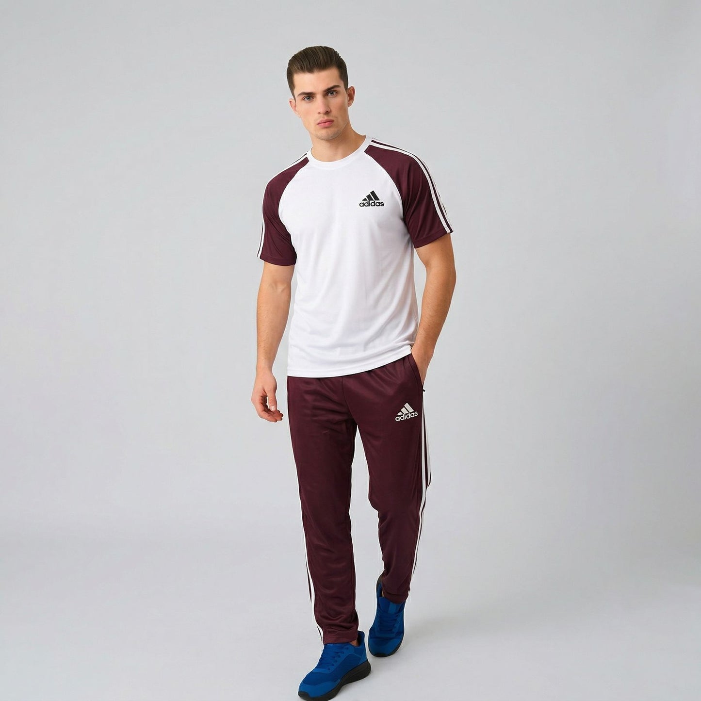 Three-Stripe Legend Tracksuit – White/Maroon